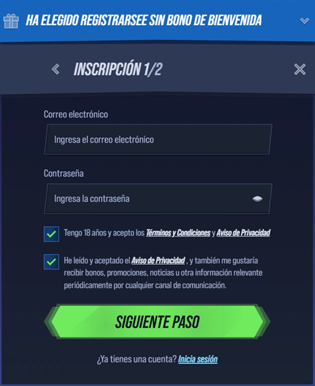 VegasHero registration page with email and password fields
