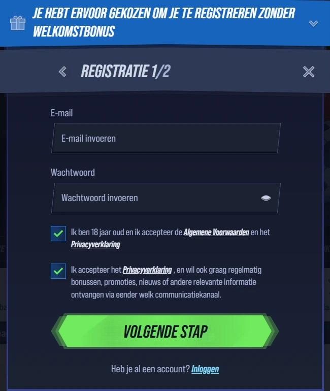 VegasHero Casino registration form with email, password, and checkboxes