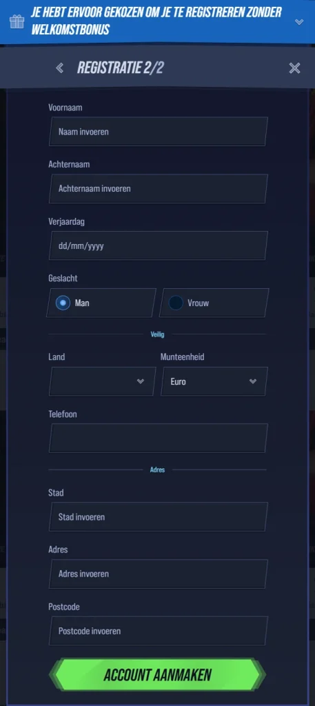 VegasHero Casino registration form with name, surname, birthday, gender, and phone fields.
