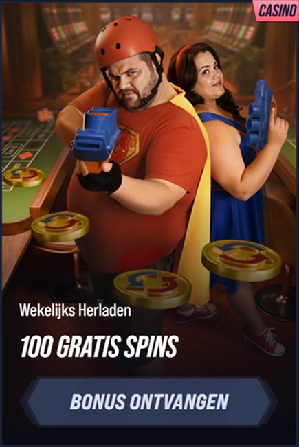 VegasHero Casino 100 free spins bonus banner with superhero characters