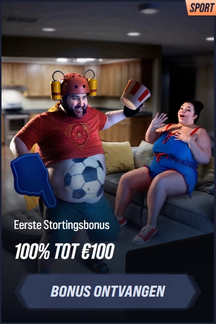 Man in a football costume with a bucket hat and a woman on a couch, with text "100% TOT €100 BONUS ONTVANGEN