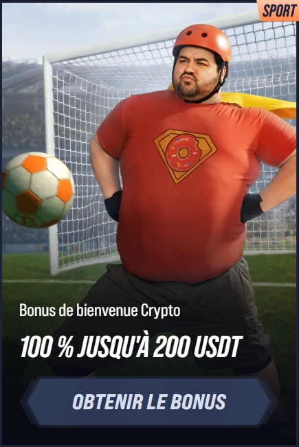 Man in superhero t-shirt with donut logo and helmet, ready for crypto bonus