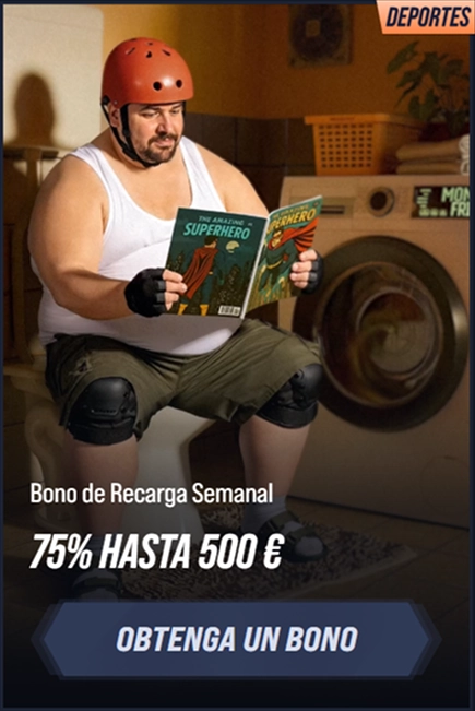Man in helmet reading superhero comic on toilet, 75% off bonus offer