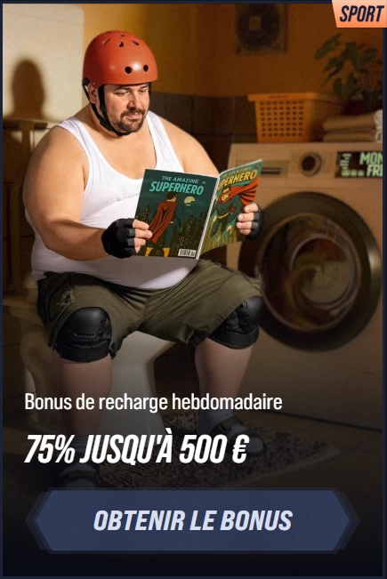 Man in helmet reading superhero comic on toilet, bonus offer 75% up to €500