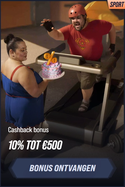 Man on treadmill chases cake offered by woman: 10% TOT €500 BONUS ONTVANGEN