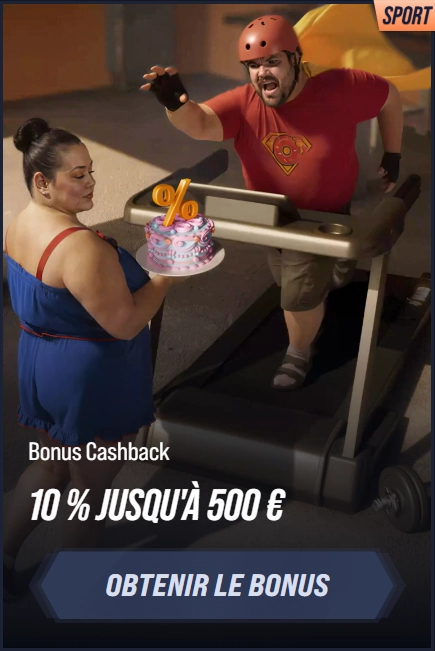 Man on treadmill reaching for cake with 10% cashback offer