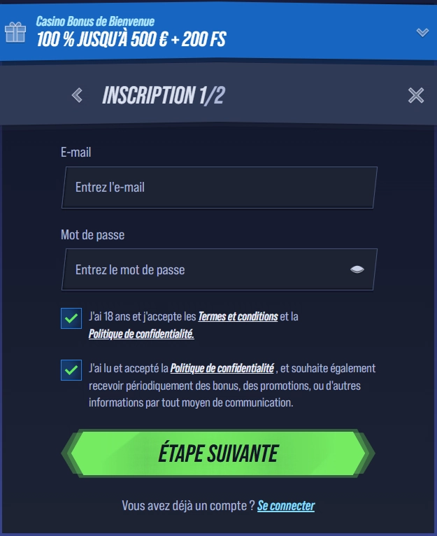 VegasHero Casino registration form with email and password fields