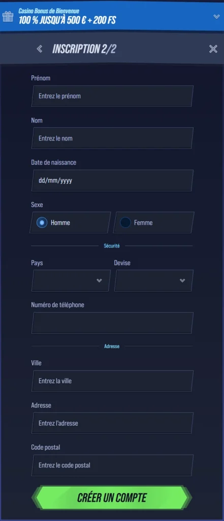 VegasHero Casino registration form with fields for name, date of birth, and contact details