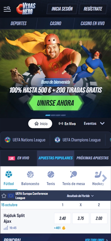 Vegas Hero mobile screen showing UEFA Nations League and Champions League betting options