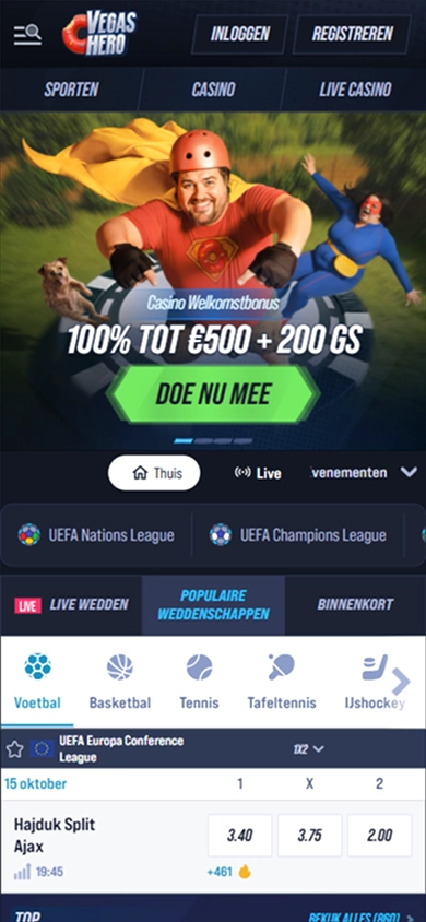 Vegas Hero Casino welcome bonus banner with 100% match and 200 free spins