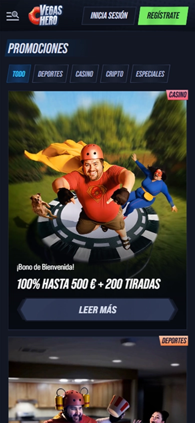 VegasHero Casino promotional banner with 100% bonus up to €500 + 200 free spins