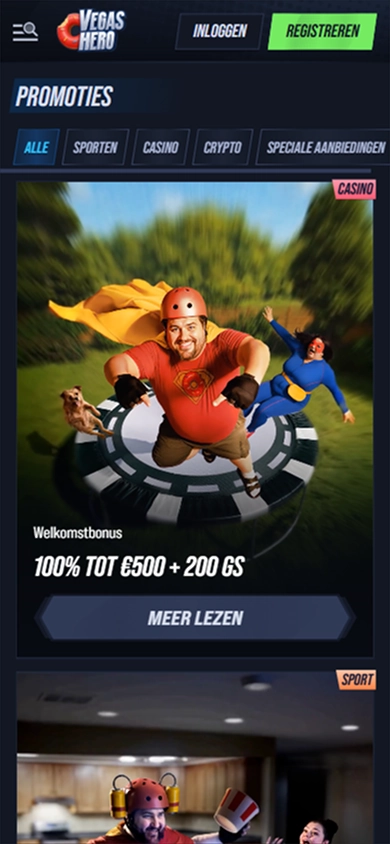 VegasHero Casino welcome bonus 100% up to €500 + 200 GS