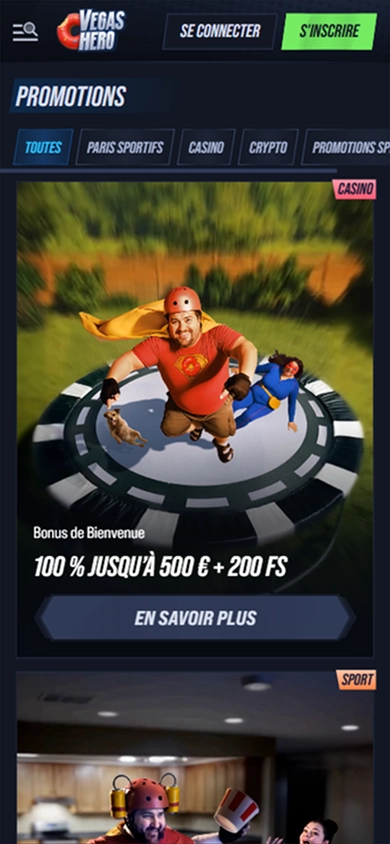 VegasHero Casino bonus banner: 100% up to €500 + 200 FS