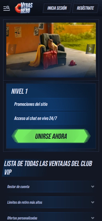 VegasHero Level 1 VIP Club with promotions and 24/7 chat access