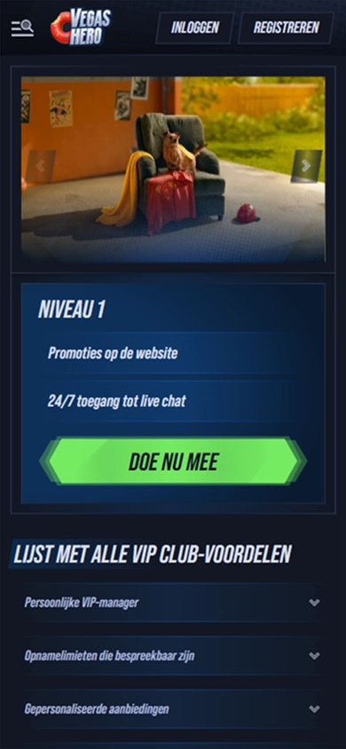 Vegas Hero Casino mobile screenshot showing level 1 promotions and live chat access
