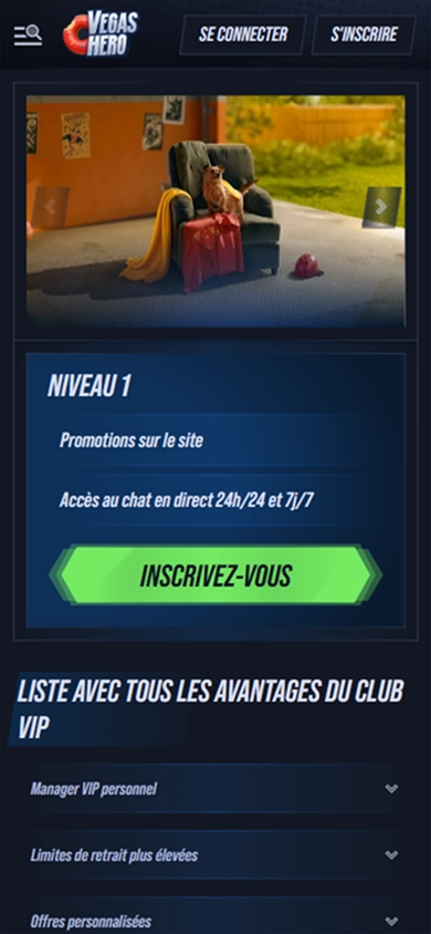 VegasHero Casino mobile screen showing Level 1 promotions and VIP club benefits