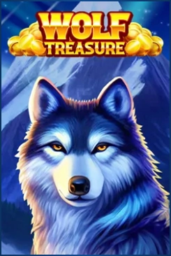 Wolf Treasure slot game featuring a wolf's face and mountains